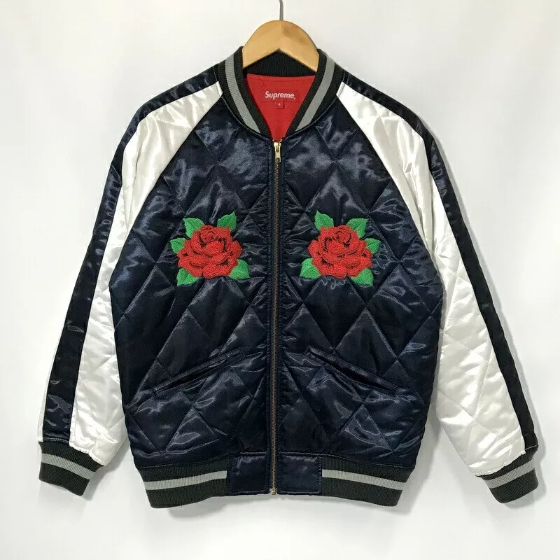 Veste bonber satin Supreme 13AW Quited rose broderie marine taille S