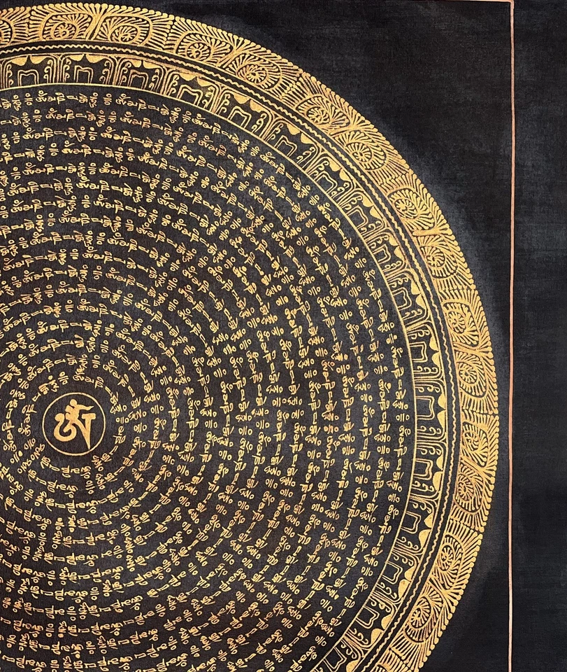 OM MANI PADME MANTRA MANDALA - BARNIZ AL ÓLEO NEGRO Y DORADO PINTURA THANGKA TIBETANA Foto 3 de 4