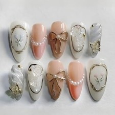 30pcs Almond Press-On Nails – Medium French Tip with 3D Pearl & Butterfly Am
