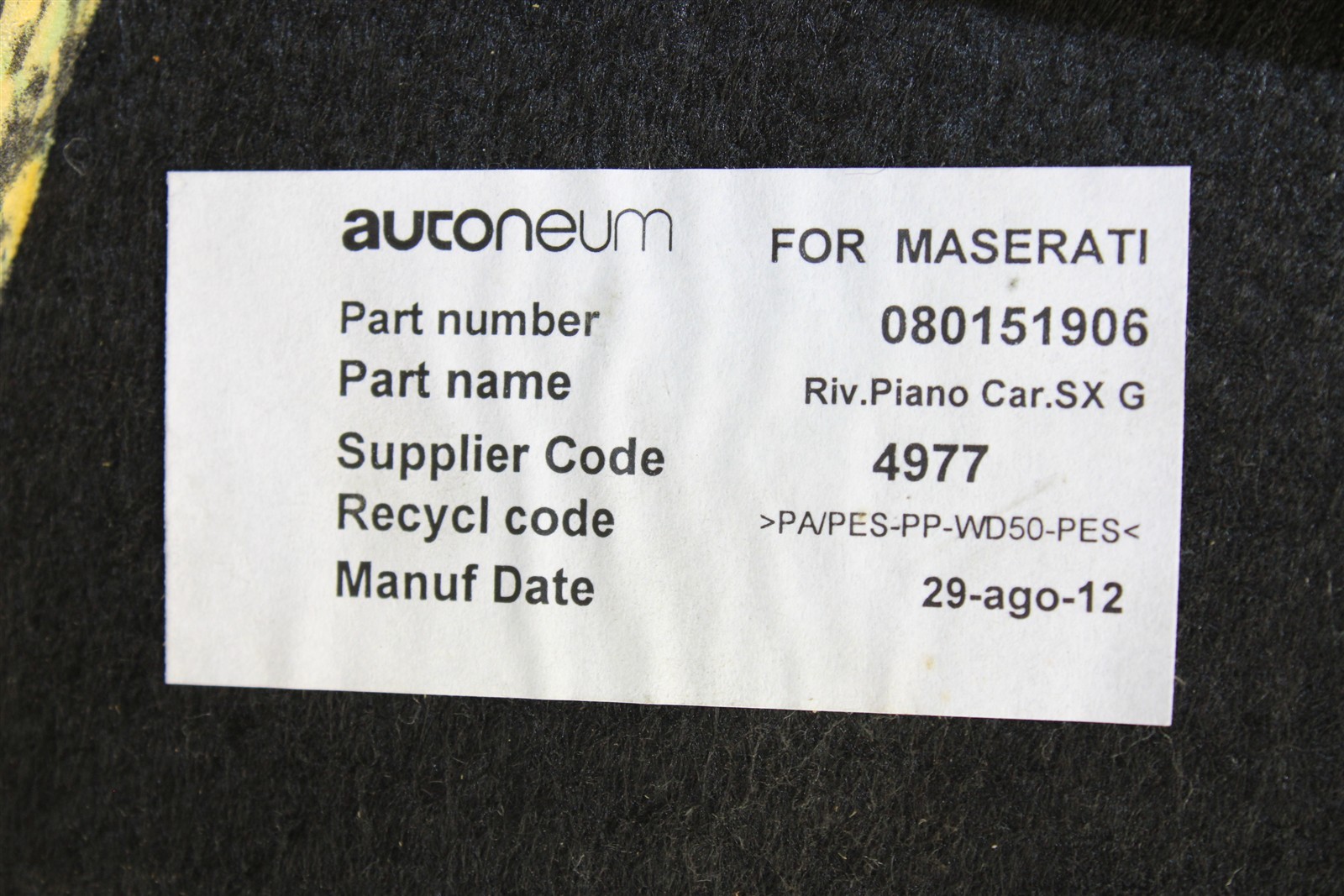 2013 Maserati GranTurismo Rear Left Side Trunk Mat Carpet Panel 080151906 08-13