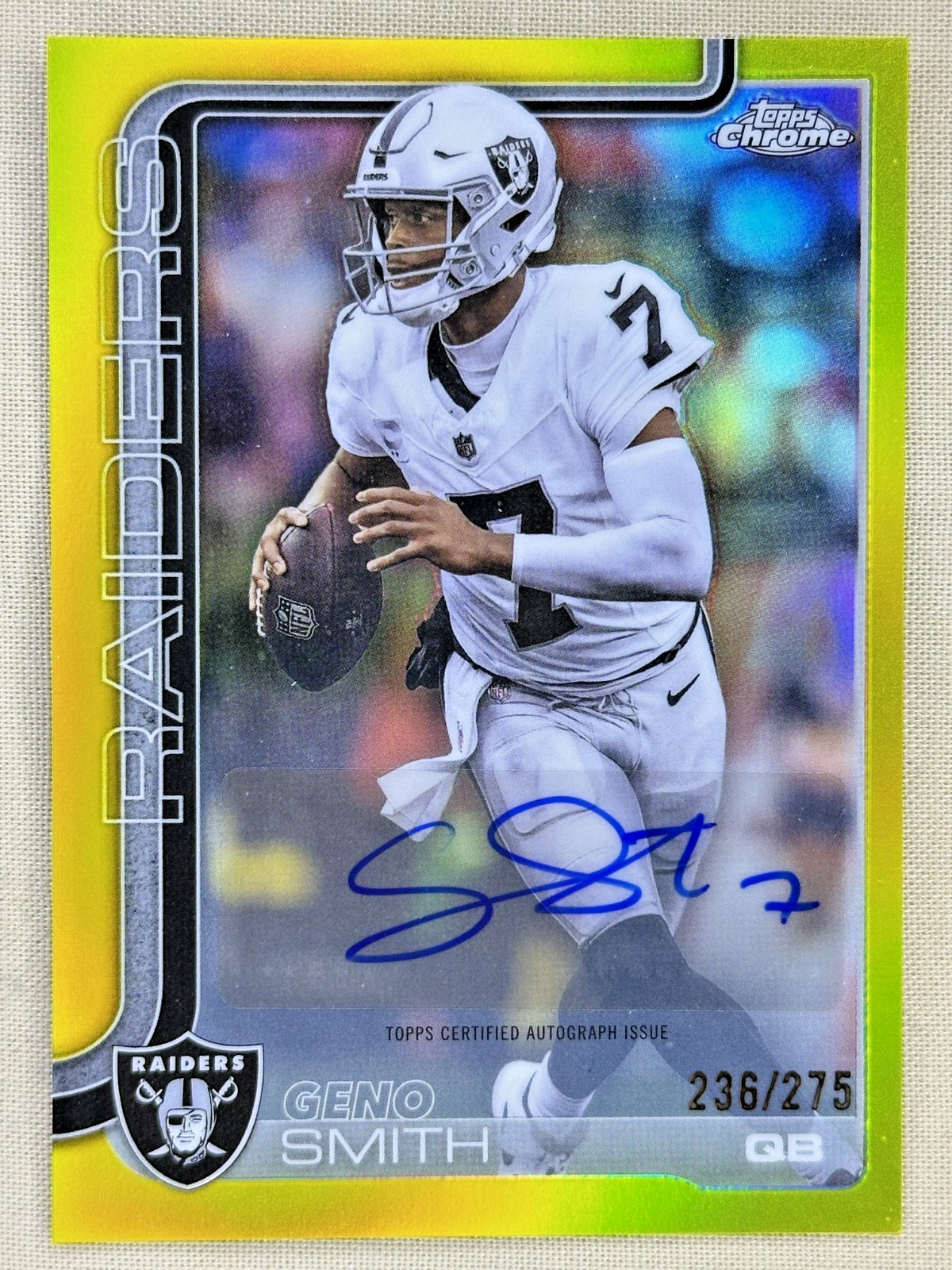 2025 Topps Chrome Geno Smith Yellow refractor auto /275 Las Vegas Raiders