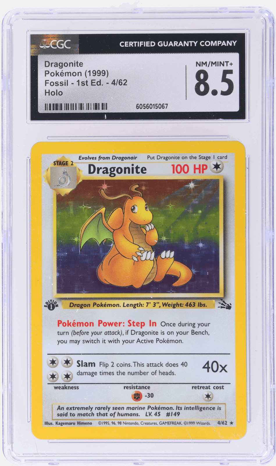 1999 Pokemon Fossil Dragonite 1st Edition Holo #4 CGC 8.5