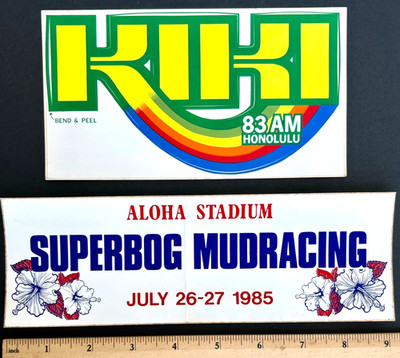 Lot 2 VTG 1980s Bumper Stickers KIKI Rainbow + Aloha Stadium Mudracing Hawaii
