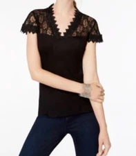 I-N-C Woman's Extra Large Black Short Sleeve Lace Trim Top NWT $59.50