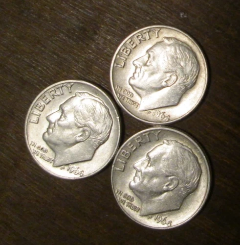 (3) Beautiful AU/BU 90% Silver 1964-D Roosevelt Dimes