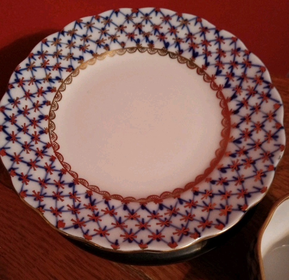 Vtg Lomonosov Russia Porcelain Cobalt Net Tulip Tea cup Saucer Dessert Plate 3pc