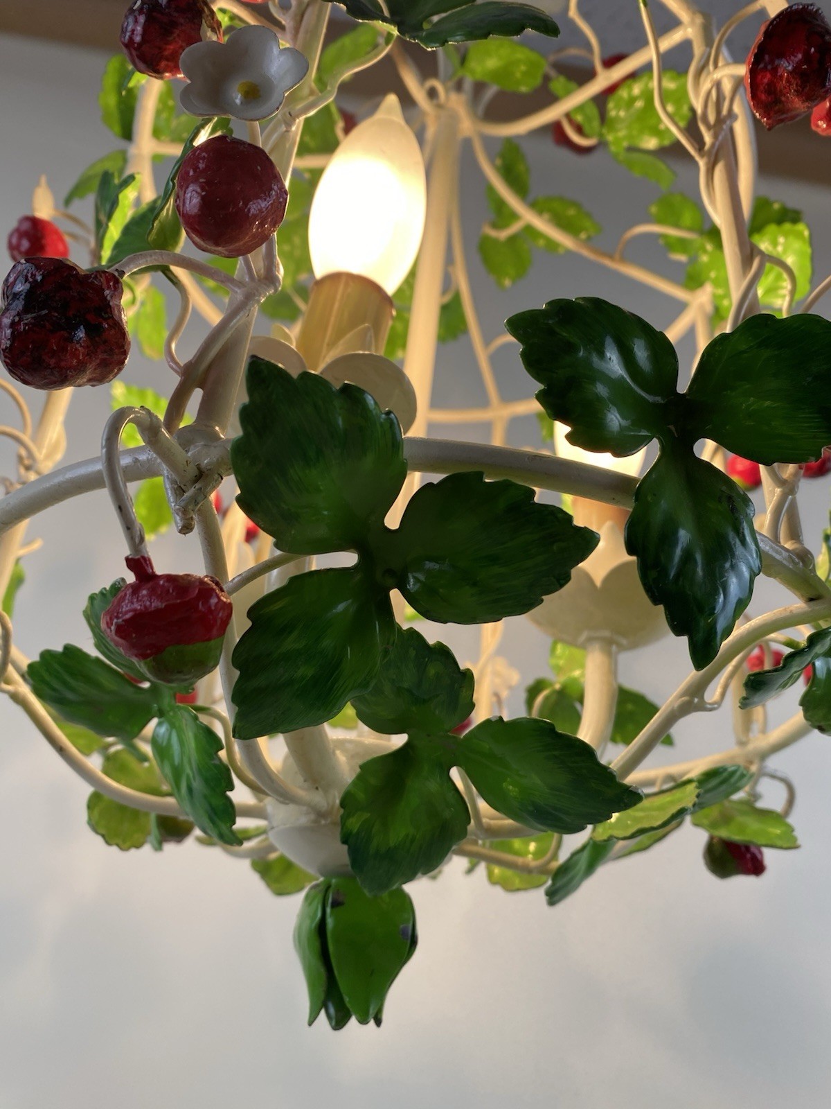 Vintage Italian Tole Strawberry Chandelier Fixture Birdcage Metal Three Sockets