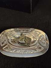 Vintage silver and brass-toned Chambers Belt Co. horse head belt buckle.