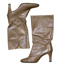 Vintage Tan Leather Knee High Boots Pointed Toe Stiletto Heel Button Detail