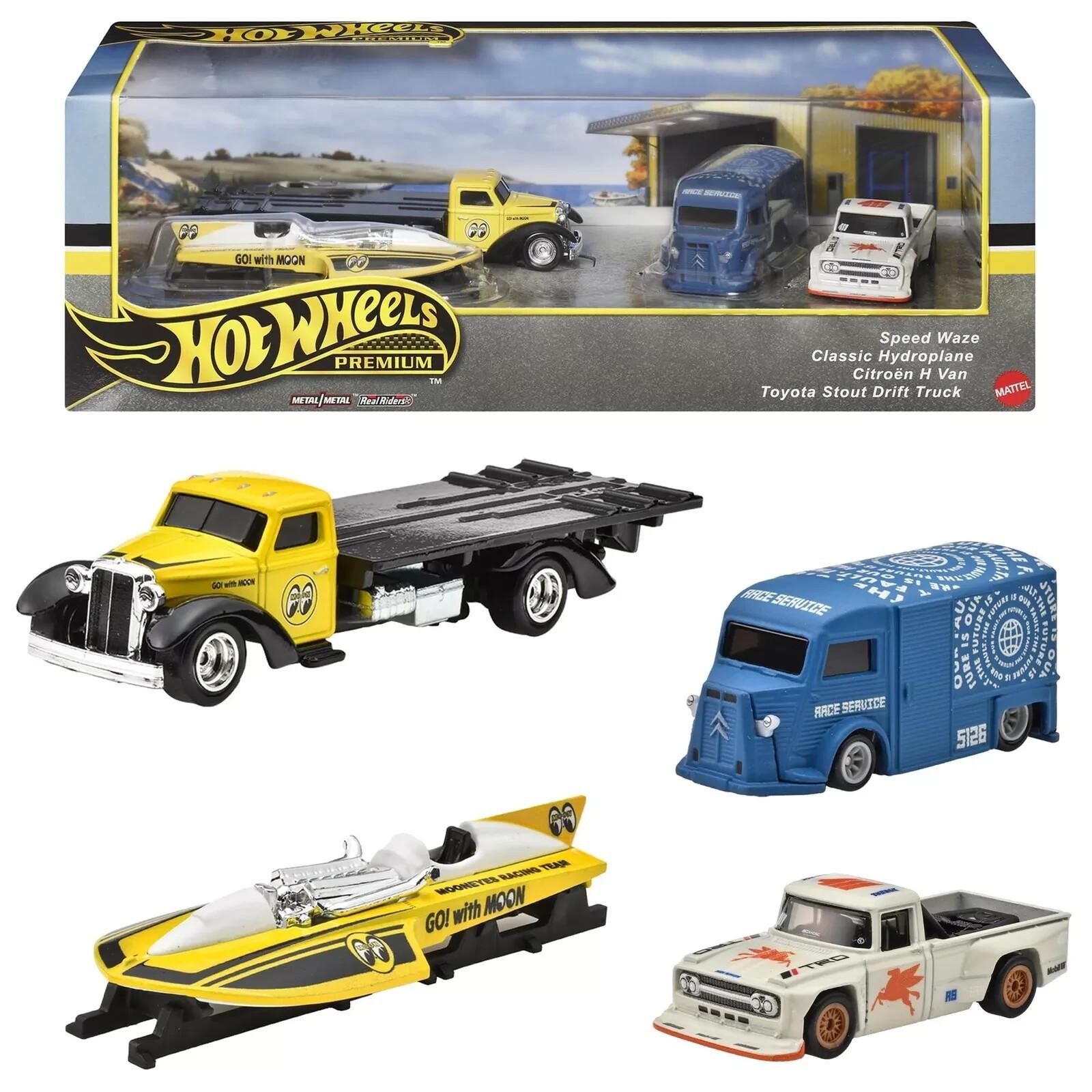 1:64 Hot Wheels Premium Set Motorhead Madness Real Riders 4 Cars Diorama HRT51 T