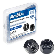 1/4"-20 Black Nylon Lock Nuts, 54Pcs Nylon Insert Locknuts, 304 Stainless Steel 