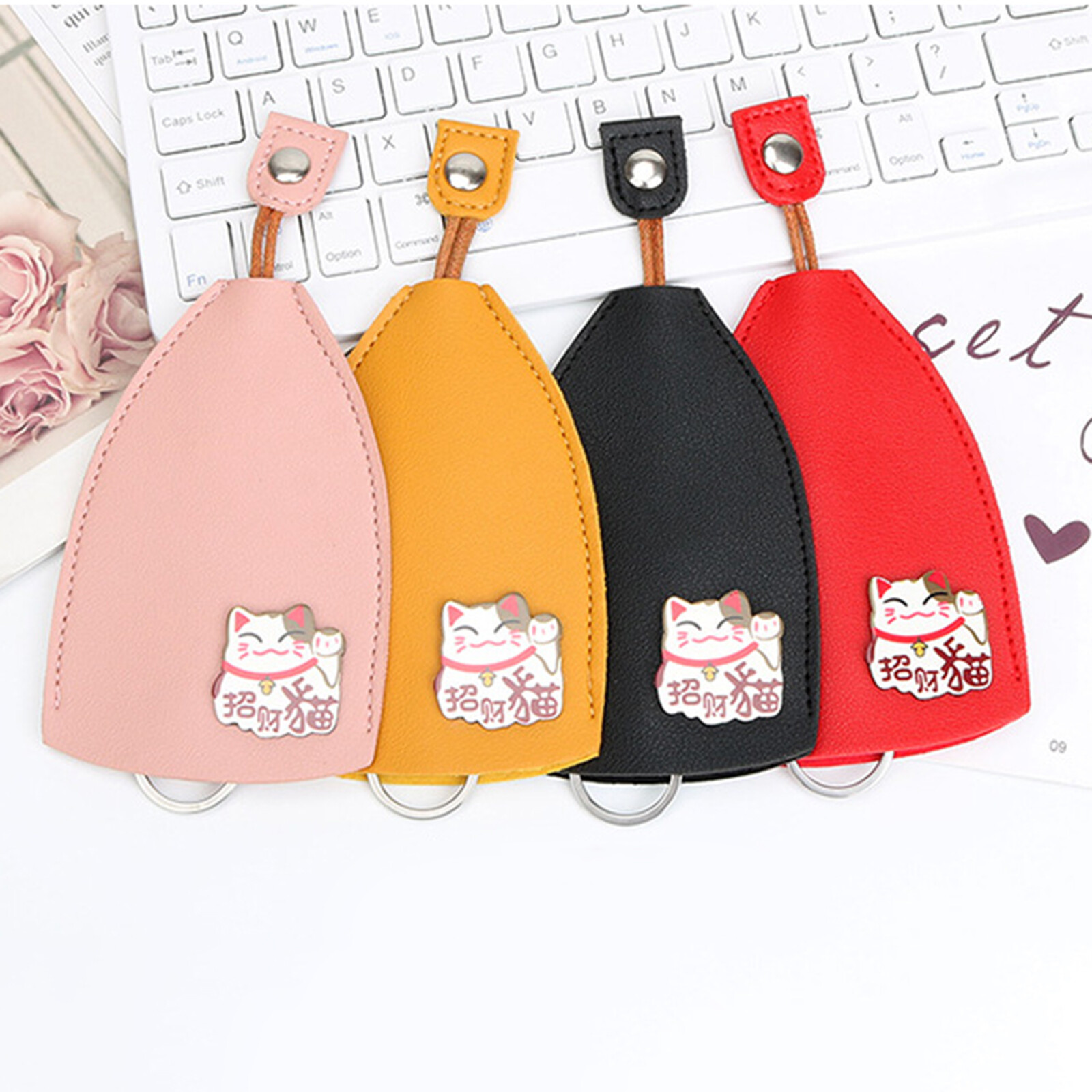 4pcs PU Car Key Bag Pull Type Cartoon Key Wallet Keys Protective Case