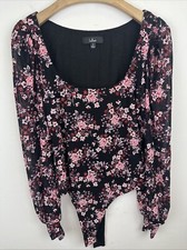 Lulu  s Floral Black Mesh Puff Sleeve Bodysuit Size Small PREOWNED 