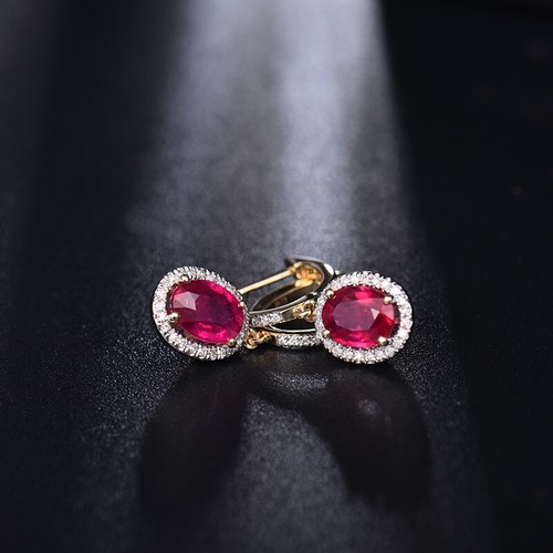 Jewelry Sets Oval 6x8mm 14Kt Yellow Gold Real Diamonds Blood Red Ruby Earrings - Picture 5 of 8