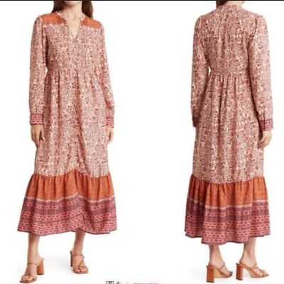 Mila Mae Border Print Long Sleeve Boho Midi Dress NWT Size Small