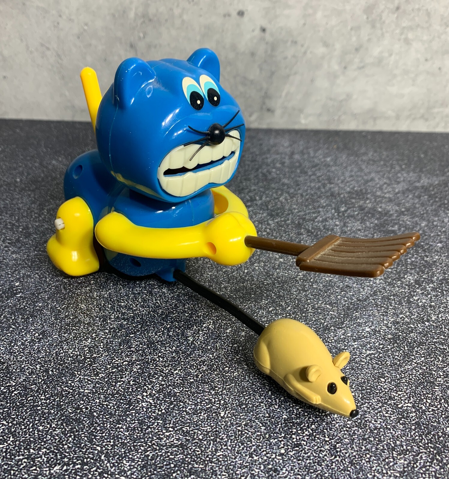 FUN! Vintage BTC Wind-up Toy - Blue Cat Chasing Mouse with Broom Stick - WORKS!
