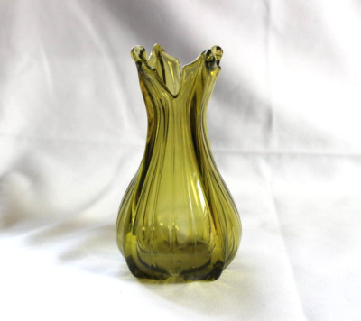 Avocado Green Swung Glass Vase ribbed Hand Made Mid Century Modern Viking ?