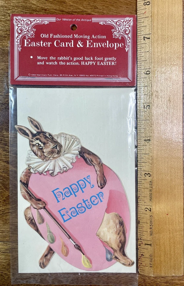Tarjeta de acción estilo antiguo de Pascua 1984 con conejito victoriano, pincel/paleta Foto 4 de 4