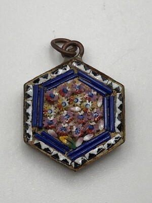 Victorian Forget Me Knot Flower Micro Mosaic Pendant Signed Made in Italy