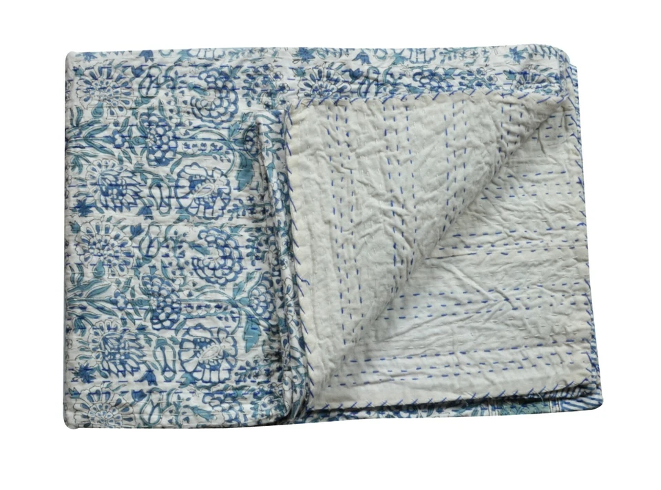 Colcha Kantha floral feita à mão indiana reversível algodão duplo - Imagem 4 de 4