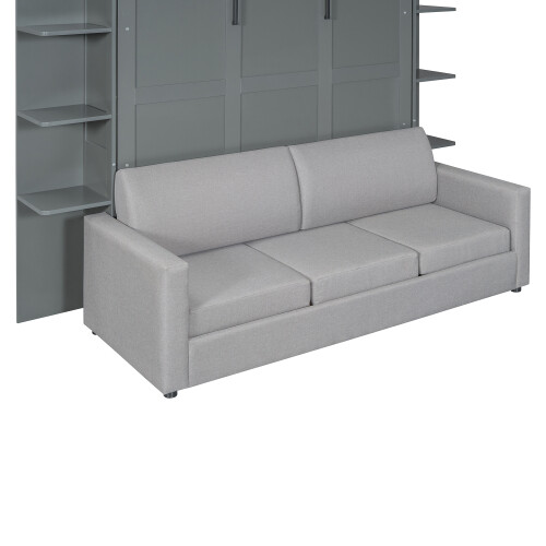 Queen Size Murphy Bed Wall Bed with Sofa Shelves and LED Lights Wood Hidden Beds - Picture 15 of 44