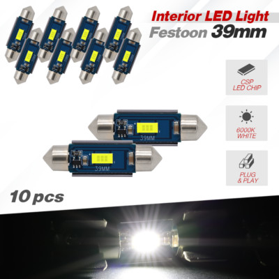10x 39mm Festoon LED CSP Bulbs 6000K White for Map Dome Interior LED Lights