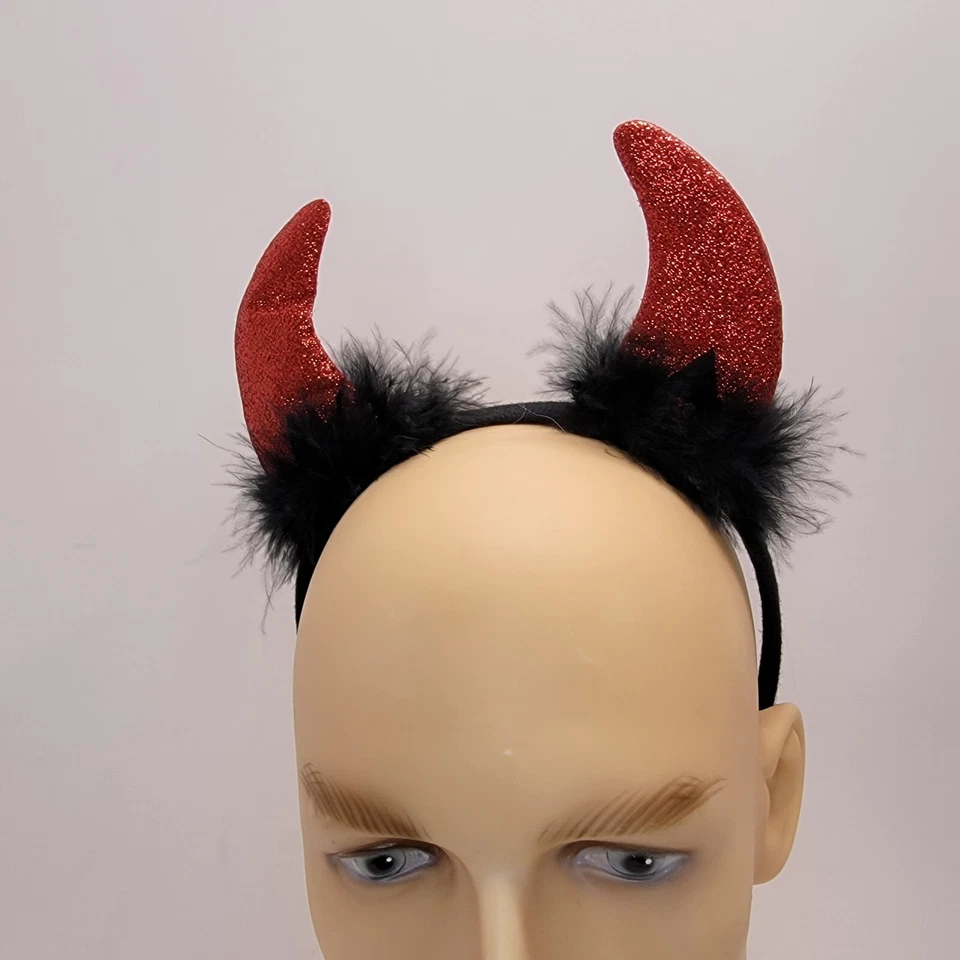 Red Devil Horns / Cat Ears Headband Feathers and Glitter Black and Red Cosplay - Изображение 2 из 4