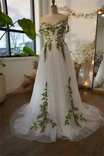 3D Flowers V-neck Tulle Wedding Dresses A-line Off-the-shoulder Sweep Train