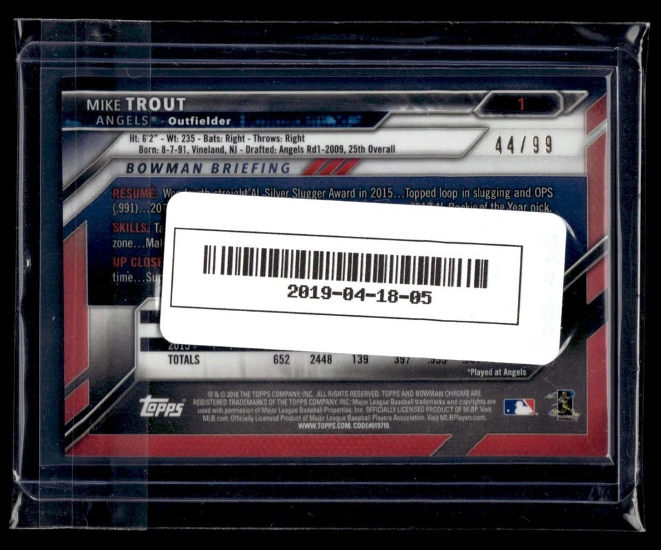 2016 Bowman Chrome Green Refractor #1 Mike Trout Angels 44/99 - Image 2 of 2