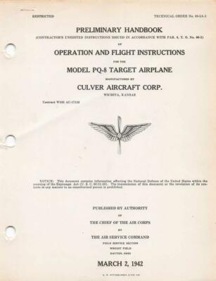 1942 AAC CULVER PQ-8 TARGET AIRPLANE PRELIMINARY PILOT FLIGHT MANUAL HANDBOOK-CD