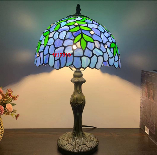 Tiffany Style Table Lamp Stained Glass Purple Blue Flowers Vintage H18*W12 Inch - Picture 16 of 25