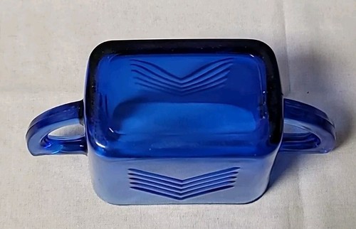 Cobalt Blue Hazel Atlas Glass Chevron Creamer/Milk Pitcher & Sugar Set ArtDeco - Picture 20 of 22