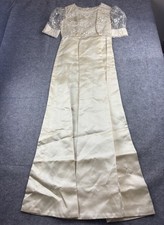 VTG 60s Wedding Dress Lace Short Puff Sleeves Satin A Line Bridal Gown Women 2 