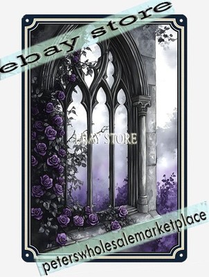 Gothic Arch Garden Tin Sign Ivy and Flowers Fantasy