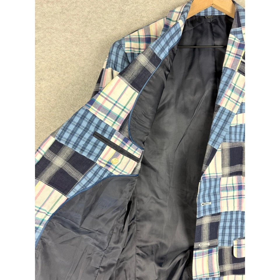 Patchwork Plaid Blazer Mens 38R Blue Pink Cotton Jacket Sport Coat Colorful - Image 4 of 4