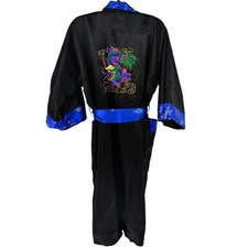 VTG Reversible Phoenix Dragon Kimono Robe Silk Satin Black Blue Pristine Boho