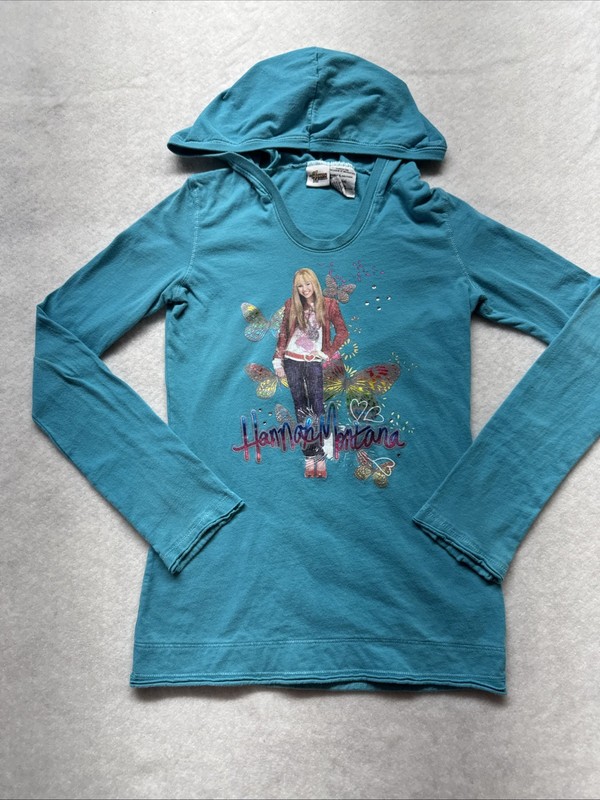 Hannah Montana Hooded Long Sleeve T Shirt Vintage Girl's SZ L(12-14) Blue