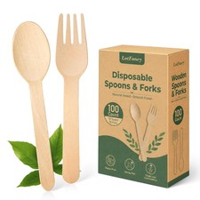 100 Wooden Disposable Cutlery Set, Compostable Forks and Spoons