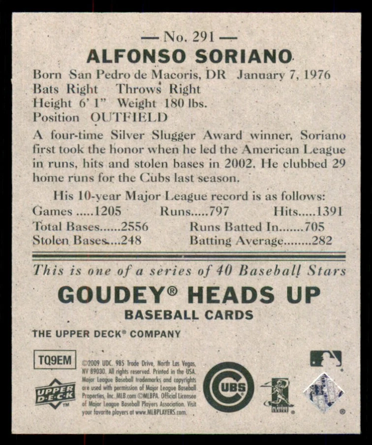 2009 Upper Deck Goudey Mini Green SP NO291 Альфонсо Сориано Chicago Cubs - Изображение 2 из 2