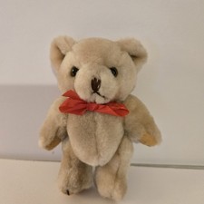 Beige Jointed Bear Plush 5" Stuffed Animal Red Bow at Neck Unbranded