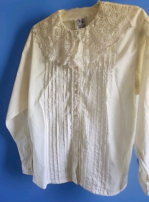  New Vtg Together Women's M 100 % Cotton Off White Lace Collar Top Blouse Shirt 