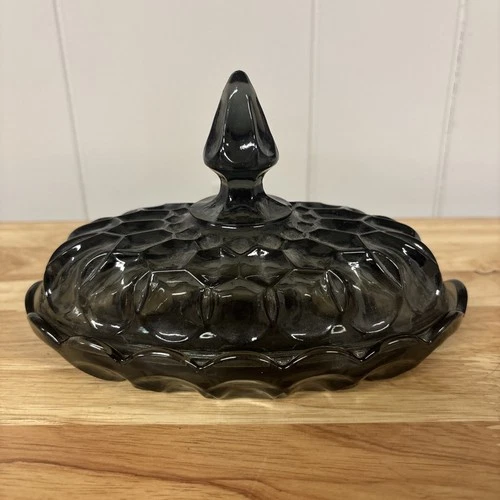 Anchor Hocking Fairfield Covered Butter Dish in Smoke Made In 1977