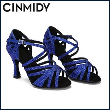 2025 Blue Latin Dance Shoes Women Tango Rumba Ballroom Rhinestones Dance Shoe