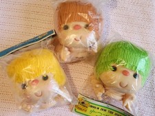 4 1/4" Yarn Hair Doll Head Hand Set Lot Yellow Green Orange Fibre Craft Vintage