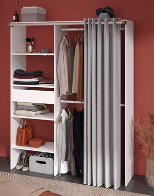 Parisot Kleiderschrank Bari 1   Weiß 143x182 cm mit Stoffvorhang & Schublade