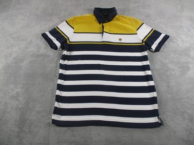 Fahrenheit Polo Shirt Mens XL Yellow Navy Stripe Rugby Crest Logo Casual