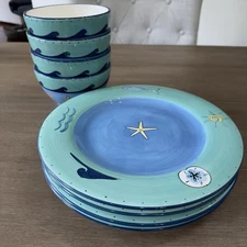 KIC Brushes Handpainted Sea Life Bowls Plates Set 8pc Starfish Waves Ceramic NEW