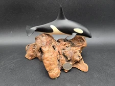 John Perry Orca Killer Whale Sculpture Pellucida on Burl Wood Base Studio Label