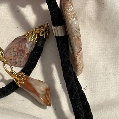 Brown Tan Jasper Bolo Tie Stone Gold Tip Burgundy Dangle Gemstones Black Cord - Picture 5 of 10