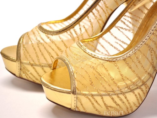 New women's shoes evening stilettos Gold flower glitter platform prom party - Picture 10 of 10